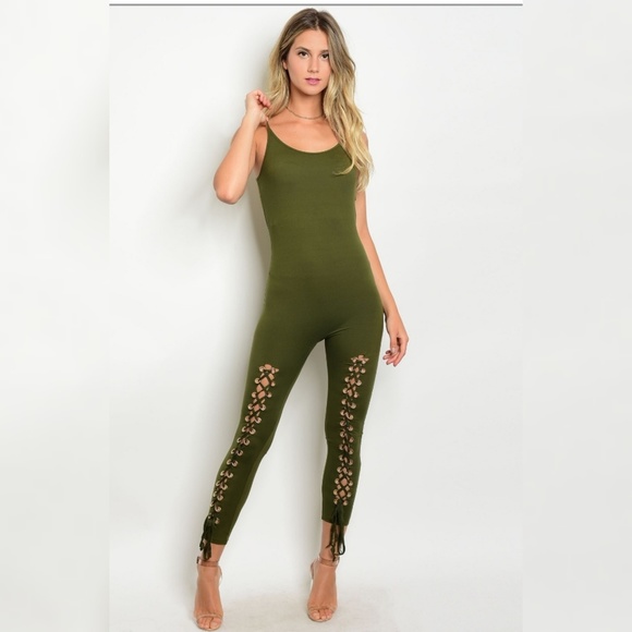 Pants - Fitted Jumpsuit W/Lace Up Pant Legs